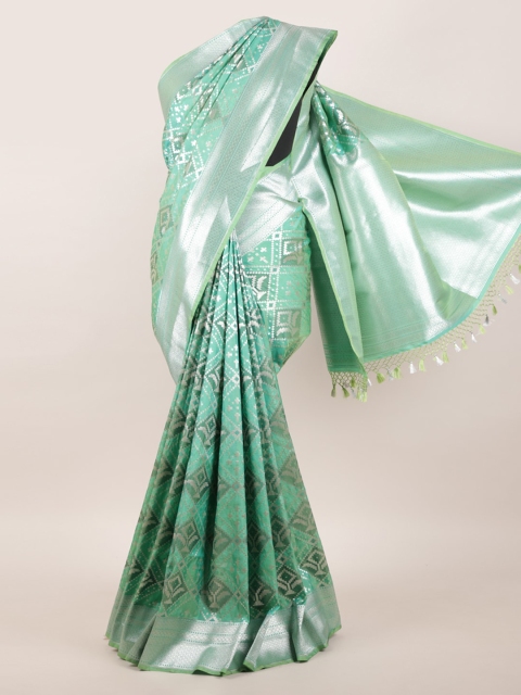 

Pothys Green & Silver Ethnic Motifs Zari Pure Banaras Silk Saree