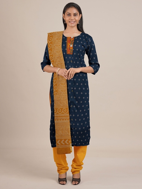 

Pothys Navy Blue & Yellow Printed Unstitched Dress Material