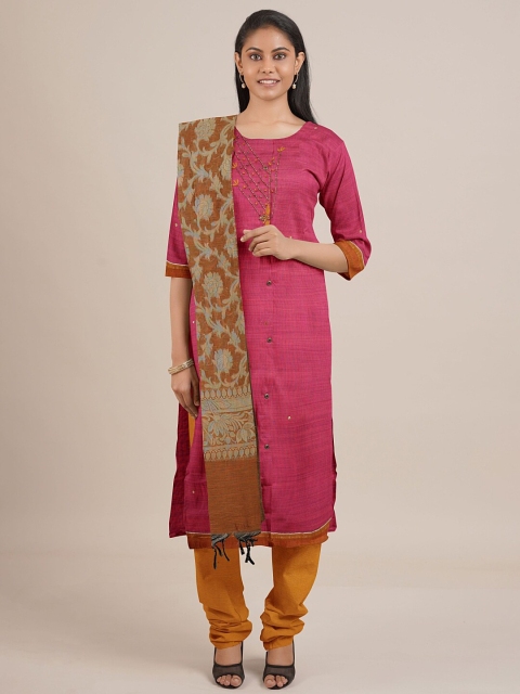 

Pothys Pink & Mustard Yellow Embroidered Unstitched Dress Material