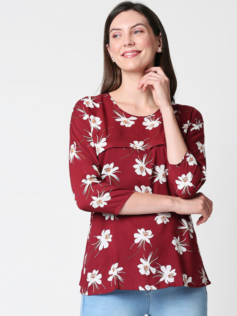 

Zeyo Maroon & White Floral Regular Top