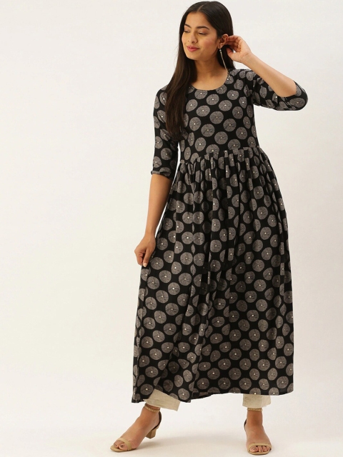 

Ethnic basket Women Black Ethnic Motifs Printed Thread Work Anarkali Kurta