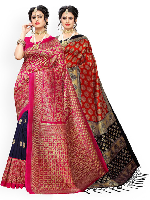 

KALINI Pack of 2 Red & Navy Blue Woven Design Art Silk Saree