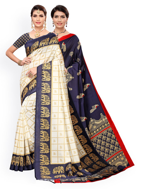 

KALINI Pack of 2 Navy Blue & Off White Ethnic Motifs Art Silk Saree