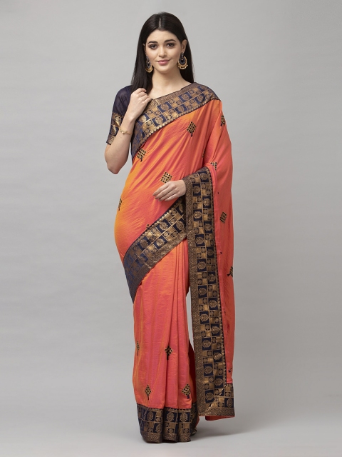 

KALINI Orange & Navy Blue Embellished Zari Saree