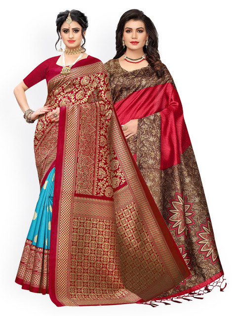 

KALINI Pack Of 2 Red & Blue Ethnic Motifs Zari Art Silk Sarees