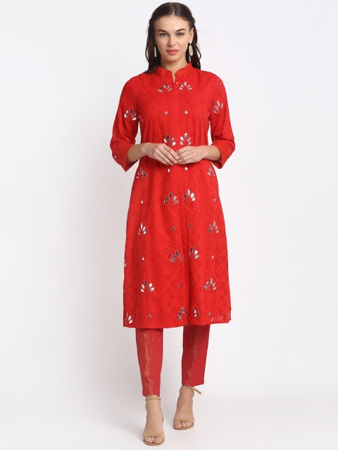 

REME Women Red Ethnic Motifs Embroidered Organic Cotton Kurta