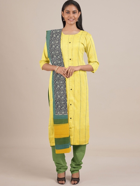 

Pothys Yellow & Green Printed Unstitched Dress Material
