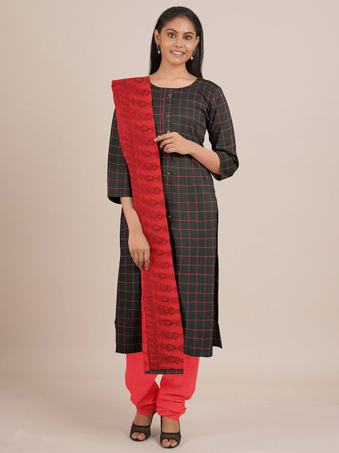 

Pothys Black & Red Printed Unstitched Dress Material