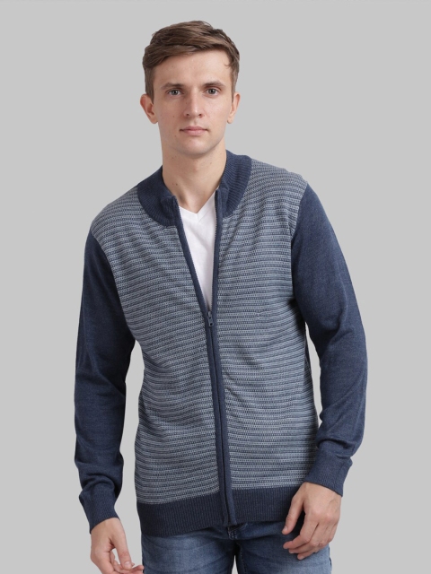 

Parx Men Navy Blue Striped Front-Open Sweater