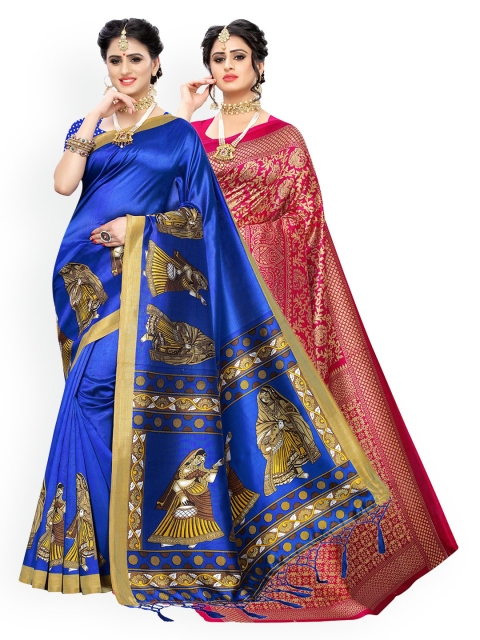

KALINI Pack Of 2 Blue & Pink Ethnic Motifs Zari Art Silk Saree