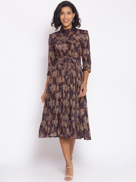 

Cottinfab Navy Blue & Mauve A-Line Midi Dress