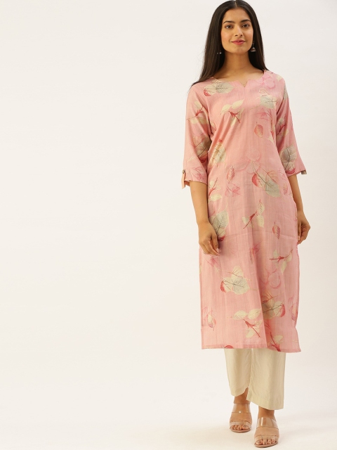 

Ethnic basket Women Pink Floral Printed Chanderi Silk Chanderi Silk Kurta