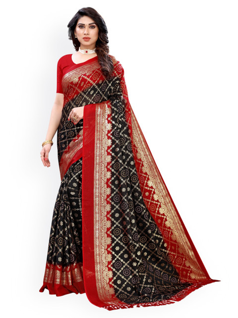

KALINI Black & Red Cotton Blend Bandhani Saree