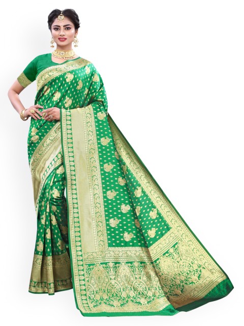 

KALINI Green Ethnic Motifs Zari Poly Silk Banarasi Saree