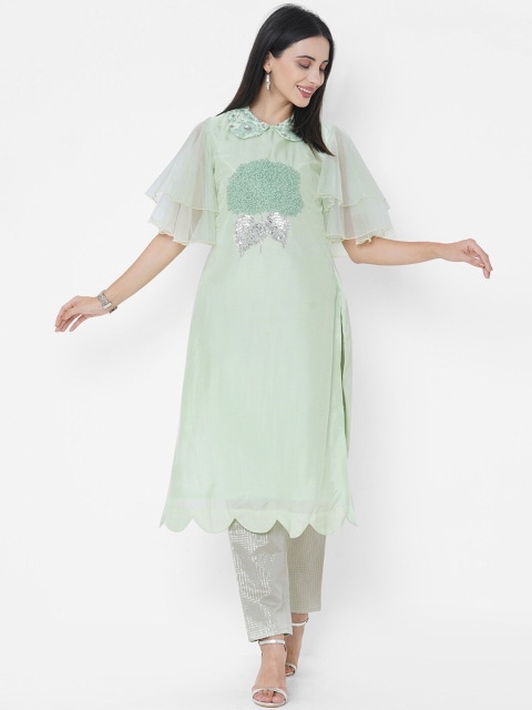 

FASHOR Women Sea Green Embellished Flared Sleeves Thread Work Kurta