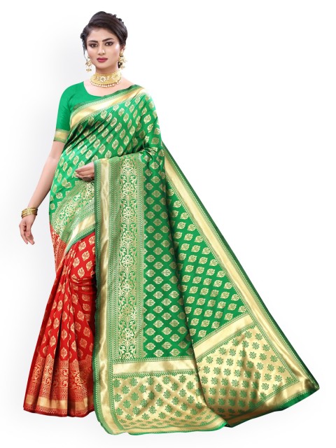 

KALINI Red & Green Ethnic Motifs Zari Banarasi Saree