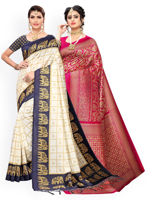 

KALINI Pack of 2 Navy Blue & Cream Woven Design Art Silk Saree