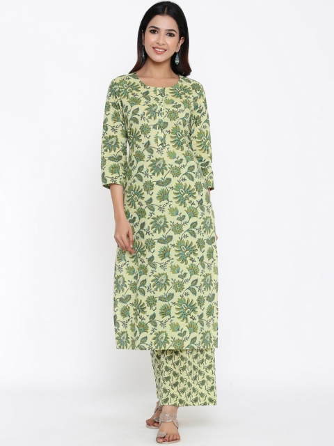 

kipek Women Yellow Floral Printed Panelled Straight Keyhole Neck Pure Cotton Kurta with