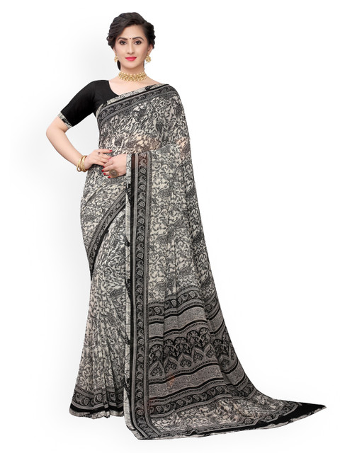

KALINI Black Ethnic Motifs Embroidered Pure Georgette Saree