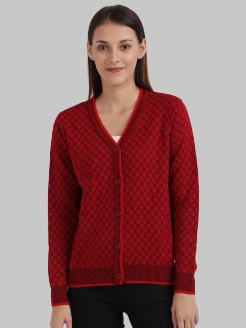 

Parx Women Red Self Design Cardigan Sweater
