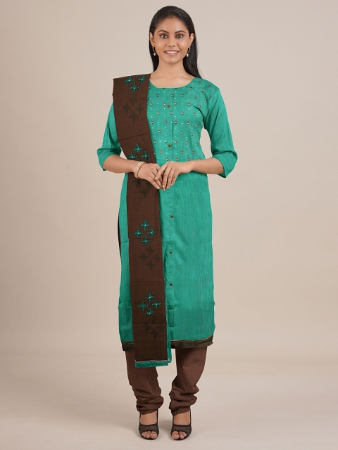 

Pothys Green & Brown Printed Unstitched Dress Material