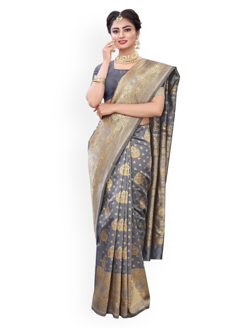 

KALINI Grey & Gold Ethnic Motifs Zari Banarasi Saree