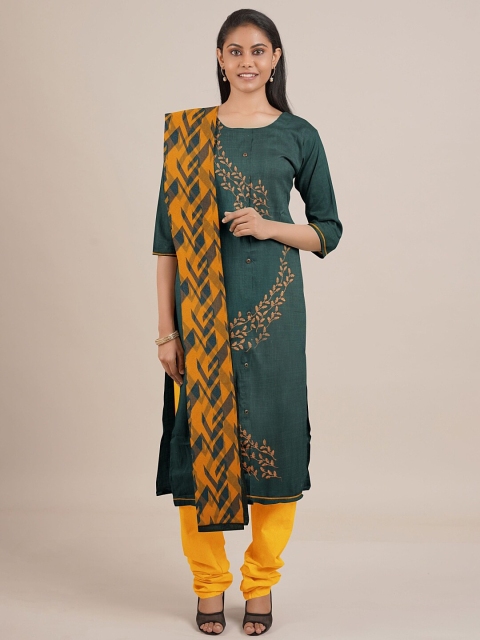 

Pothys Green & Yellow Embroidered Unstitched Dress Material