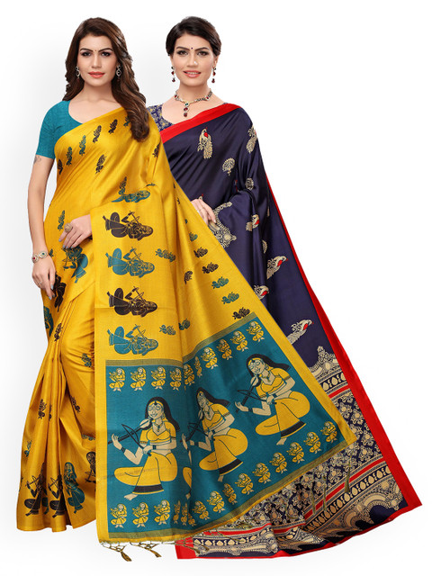 

KALINI Pack of 2 Yellow & Navy Blue Ethnic Motifs Art Silk Saree