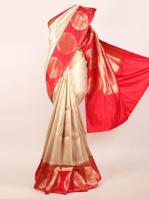 

Pothys Cream & Red Woven Design Zari Pure Silk Saree