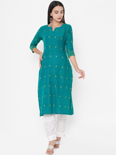 

FASHOR Women Sea Green & Yellow Geometric Embroidered Kantha Work Kurta