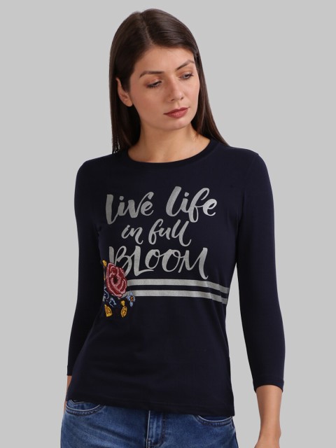 

Parx Women Navy Blue & Grey Printed Round Neck T-Shirt