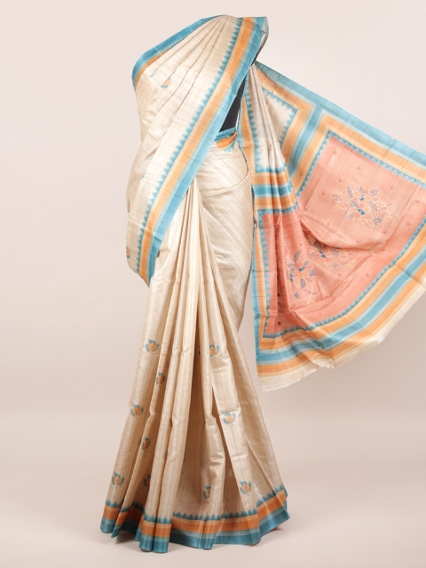 

Pothys Cream & Blue Pure Silk Tussar Saree