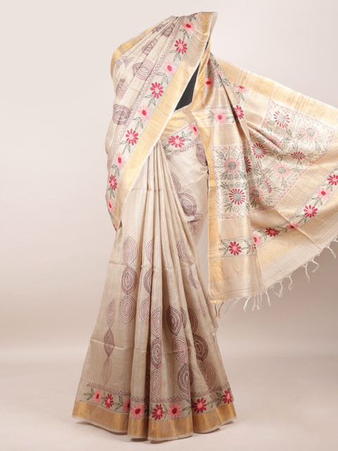

Pothys Cream & Gold Woven Design Zari Pure Silk Tussar Saree