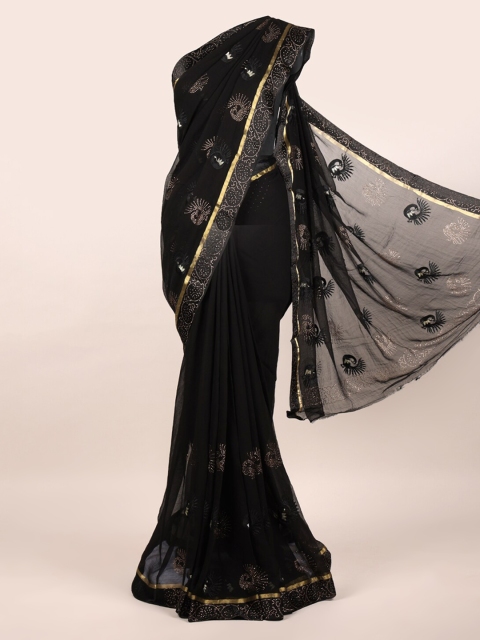 

Pothys Black & Off White Embellished Beads and Stones Pure Chiffon Heavy Work Saree