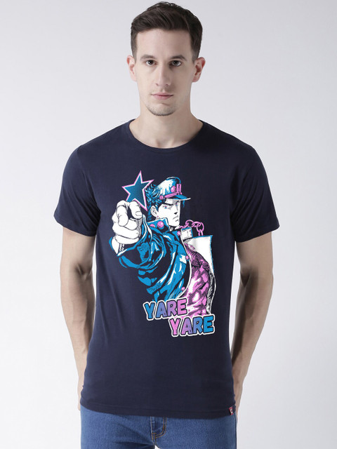 

ComicSense.xyz Men Navy Blue JoJo Print Pure Cotton T-shirt