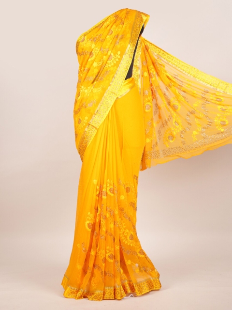 

Pothys Yellow Ethnic Motifs Sequinned Pure Chiffon Saree
