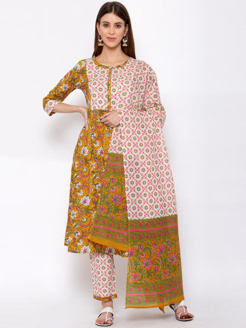 

Yuris Women Yellow Printed Pleated Pure Cotton Kurti with Palazzos & With Dupatta