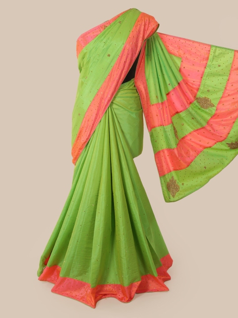 

Pothys Green & Peach Beads and Stones Art Silk Heavy Work Saree