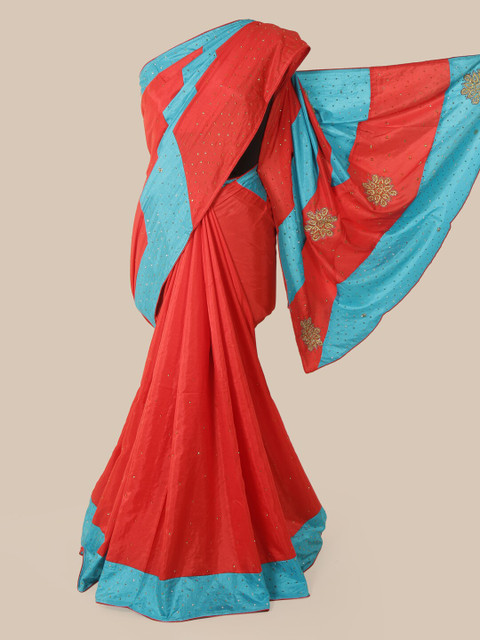 

Pothys Red & Blue Embellished Sequinned Art Silk Saree