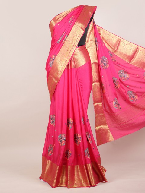 

Pothys Pink & Gold Floral Embroidered Pure Chiffon Heavy Work Saree