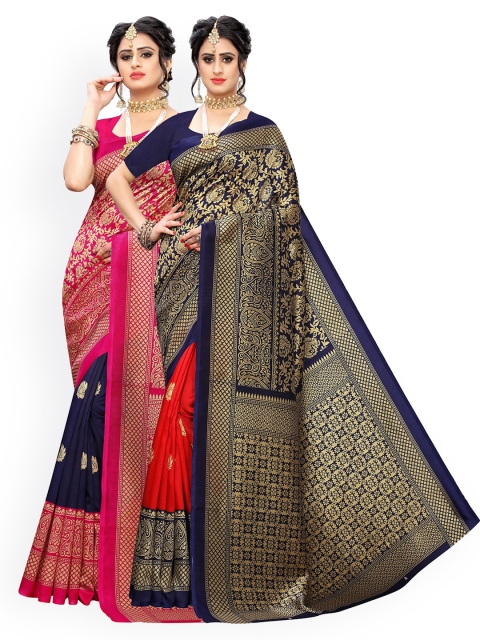 

KALINI Pack of 2 Navy Blue & Pink Woven Design Art Silk Saree