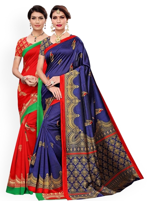 

KALINI Pack Of 2 Red & Navy Blue Ethnic Motifs Art Silk Saree