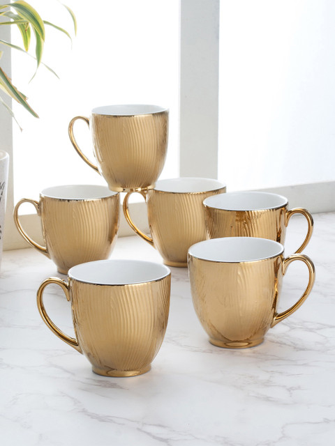 

CLAY CRAFT Set of 6 Gold-Toned & White Textured Ceramic Cups