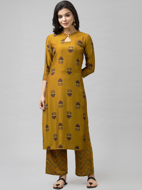 

SANISA Women Mustard Floral Printed Empire Kurti with Palazzos