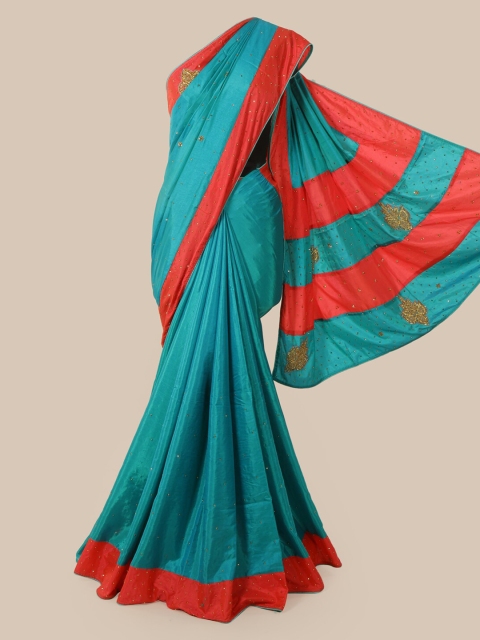 

Pothys Blue & Red Beads and Stones Art Silk Heavy Work Saree
