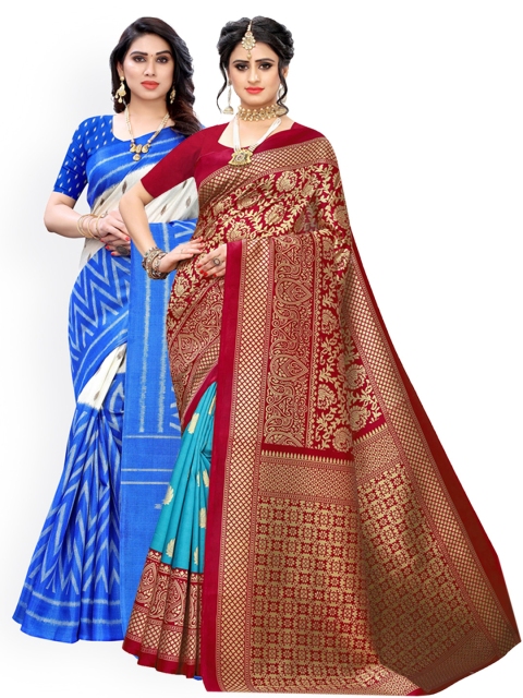

KALINI Pack Of 2 Blue & Red Woven Design Zari Art Silk Sarees