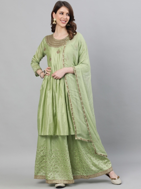 

Ishin Women Green Embroidered Empire Kurti with Skirt & With Dupatta