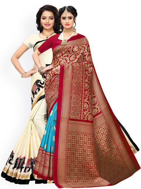 

KALINI Pack of 2 White & Red Woven Design Patchwork Art Silk Saree