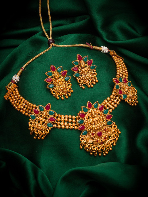 

aadita Gold-Plated Red & Green Ruby-Studded Beaded Temple Jewellery Set