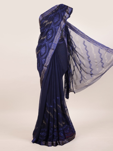 

Pothys Blue Ethnic Motifs Embroidered Pure Chiffon Heavy Work Saree